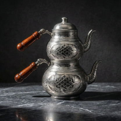 Özel İşlemeli Bakır Çaydanlık Gümüş Renk