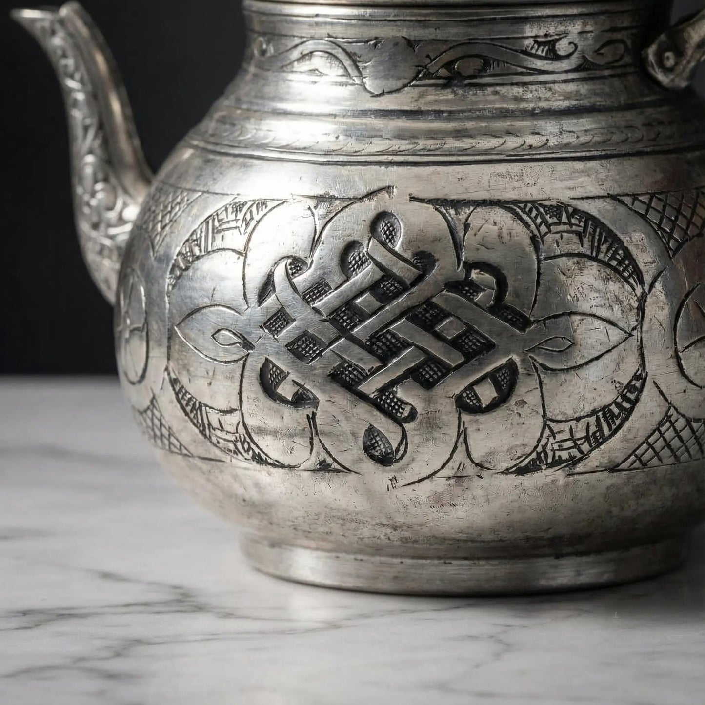 Özel İşlemeli Bakır Çaydanlık Gümüş Renk