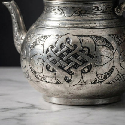 Özel İşlemeli Bakır Çaydanlık Gümüş Renk