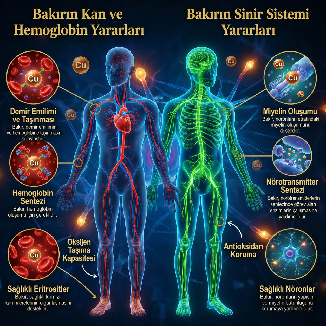 Bakırın insan vücudundaki faydalarını gösteren infografik; demir emilimi, hemoglobin sentezi, oksijen taşıma kapasitesi ve sinir sistemi ile miyelin oluşumu üzerindeki etkileri