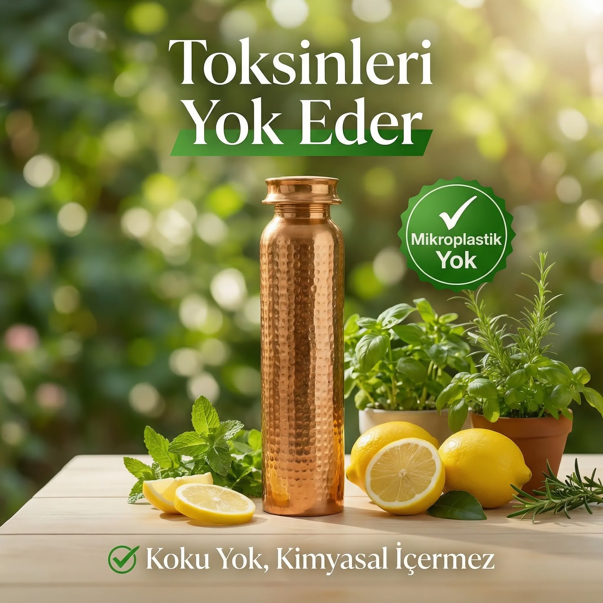 Bakır su şişesi, toksinleri azaltmaya yardımcı doğal kullanım, mikroplastik içermez ve kimyasal içermeyen sağlıklı içecek deneyimi