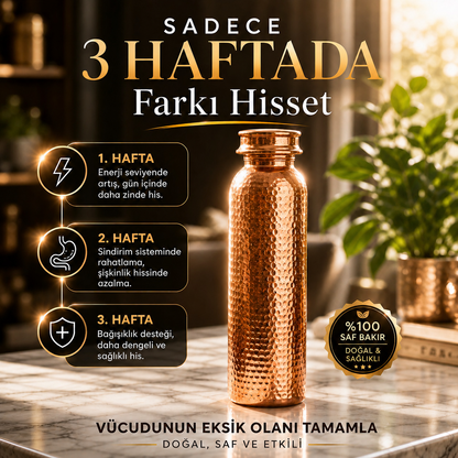 %100 saf bakır su matarası ile enerji, sindirim ve bağışıklık desteğini anlatan premium reklam görseli