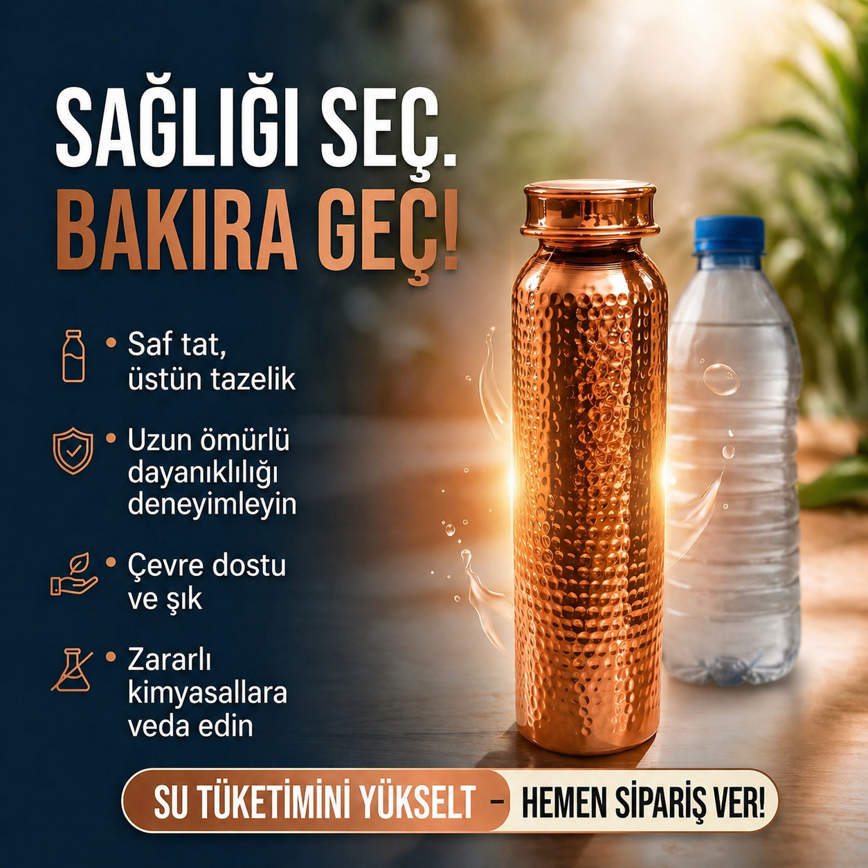 Premium tasarıma sahip çekiç desenli bakır su şişesi ürün tanıtım görseli